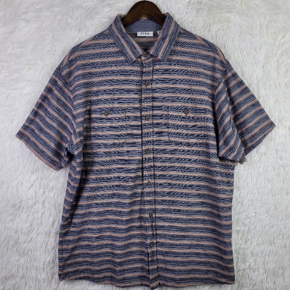 Rowm Mens XL Striped Short‎ Sleeve Shirt Pink & Gray Textured Southwestern